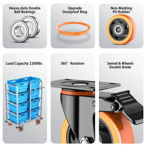 4 inch heavy duty caster wheels set of 4 rated 2200 lb total with locking swivel plate brakes, close-up on components and features