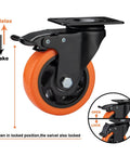 4" Caster Wheels, Heavy Duty Set of 4 - Orange Polyurethane Top Plate Swivel Casters, Industrial 4-Pack with Brake, Locking Wheels for Furniture and Workbench