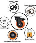4" Caster Wheels, Heavy Duty Set of 4 - Orange Polyurethane Top Plate Swivel Casters, Industrial 4-Pack with Brake, Locking Wheels for Furniture and Workbench