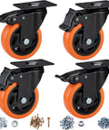 4" Caster Wheels, Heavy Duty Set of 4 - Orange Polyurethane Top Plate Swivel Casters, Industrial 4-Pack with Brake, Locking Wheels for Furniture and Workbench.