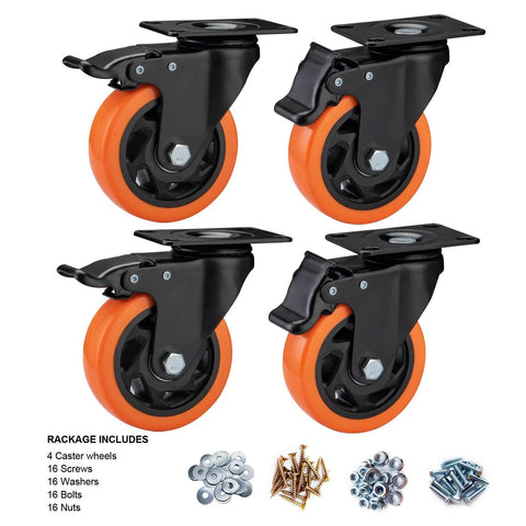 4" Caster Wheels, Heavy Duty Set of 4 - Orange Polyurethane Top Plate Swivel Casters, Industrial 4-Pack with Brake, Locking Wheels