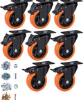 4 Inch Heavy Duty Caster Wheels Set of 8 with orange polyurethane swivel casters and locking brakes shown from the front.