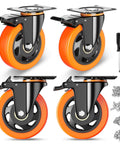 4 Inch Heavy Duty Caster Wheels Set of 4 with locking industrial swivel top plate design and orange polyurethane wheels.