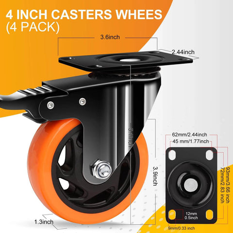 4 inch heavy duty caster wheels set of 4 with 2400 lb total capacity silent industrial swivel casters with locking brakes