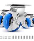 Set of 4 Inch Heavy Duty Casters with smooth rolling PU wheels, industrial grade design rated at 2500 lbs total, with brakes