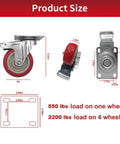 8 piece 4 inch heavy duty locking swivel casters with brakes, set designed for carts and workbenches with a 2200 lb load capacity size diagram.