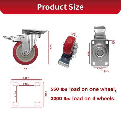 8 piece 4 inch heavy duty locking swivel casters with brakes, set designed for carts and workbenches with a 2200 lb load capacity size diagram.
