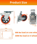 8 piece 4 inch heavy duty locking swivel casters with brake size chart showcasing dimensions and load capacity.
