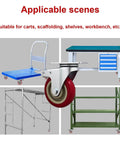 Image showing 6 piece 4 inch heavy duty locking swivel casters with brakes, set designed for carts and workbenches with 3300 lb load capacity in various applications.