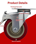 Close-up of 6 piece 4 inch heavy duty locking swivel casters with brakes, set designed for carts and workbenches with 3300 lb load capacity showing details.
