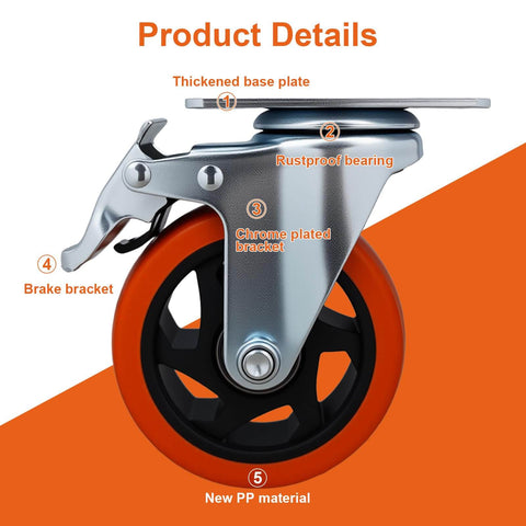 Close-up of 6 piece 4 inch heavy duty locking swivel casters with brake, showcasing chrome plated bracket and thickened base plate.