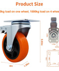 6 piece 4 inch heavy duty locking swivel casters with brake, designed for furniture and carts with a 3300 lb load capacity, side view.