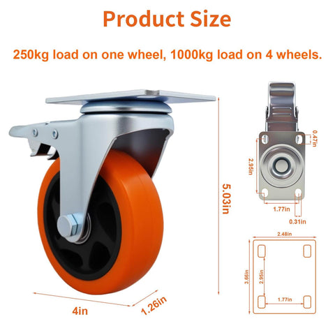6 piece 4 inch heavy duty locking swivel casters with brake, designed for furniture and carts with a 3300 lb load capacity, side view.