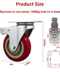 6 piece 4 inch heavy duty locking swivel casters with brakes, set designed for carts and workbenches with 3300 lb load capacity product size chart.