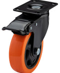 4 Inch Heavy Duty Caster Wheels Set of 8 with orange polyurethane swivel casters and locking brakes, side view showing top plate.