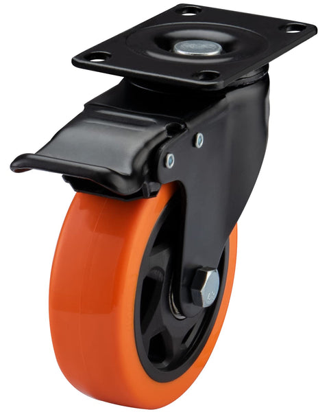 4 Inch Heavy Duty Caster Wheels Set of 8 with orange polyurethane swivel casters and locking brakes, side view showing top plate.