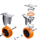 Exploded view of 4 Inch Heavy Duty Caster Wheels Set Of 4 No Noise Polyurethane Casters components with metal housing and orange wheels
