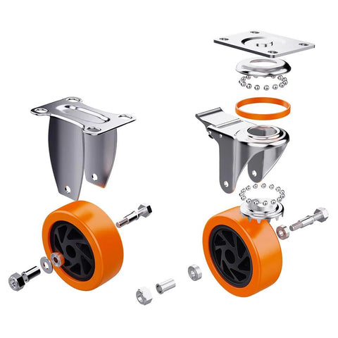 Exploded view of 4 Inch Heavy Duty Caster Wheels Set Of 4 No Noise Polyurethane Casters components with metal housing and orange wheels