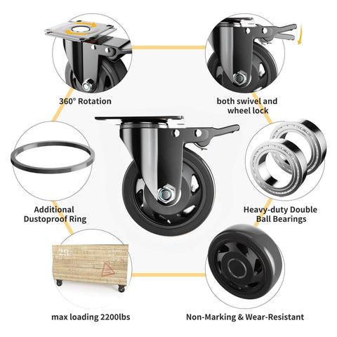 4 Inch Heavy Duty Caster Wheels Set of 4 with swivel top plate showcasing features like 360 rotation and dual ball bearings.