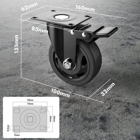4 Inch Heavy Duty Caster Wheels Set of 4 with swivel top plate and locking brakes, showing dimensions and features.