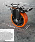 4 Inch Heavy Duty Caster Wheels Set of 4 with locking industrial swivel top plate design, showing orange polyurethane wheel and mounting plate.