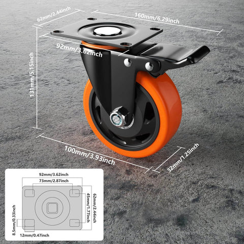 4 Inch Heavy Duty Caster Wheels Set of 4 with locking industrial swivel top plate design, showing orange polyurethane wheel and mounting plate.