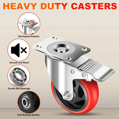 4 Inch Industrial Caster Wheels With Brake Set Of 4 Heavy Duty 2200 Lb Capacity 360 Degree Swivel For Carts Workbenches And Furniture