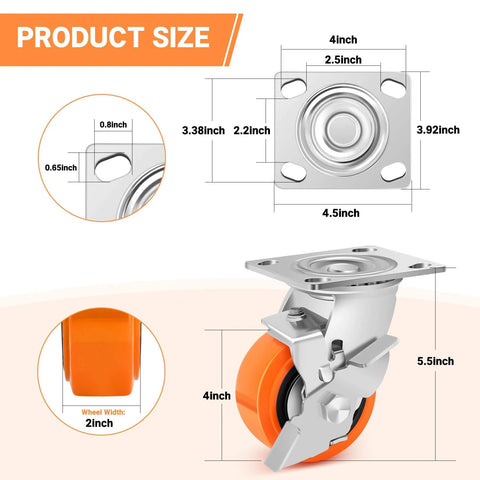 Product size diagram of 4 inch industrial heavy duty caster wheels set of 4 with polyurethane swivel design, casters with brakes rated up to 2500 lbs.