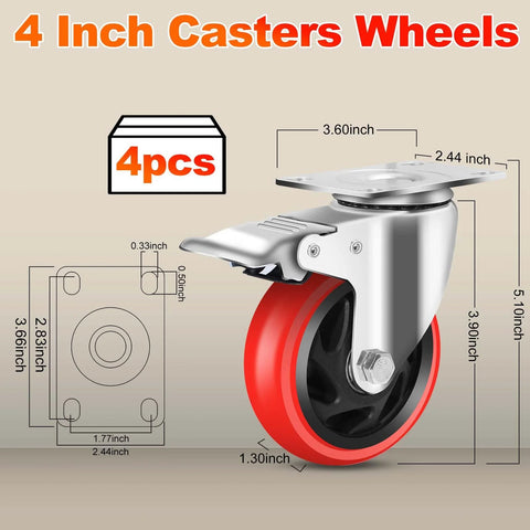 4 Inch Industrial Caster Wheels With Brake Set Of 4 Heavy Duty 2200 Lb Capacity 360 Degree Swivel for carts workbenches