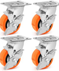 4 inch industrial heavy duty caster wheels set of 4 with polyurethane swivel design, casters with brakes rated up to 2500 lbs.