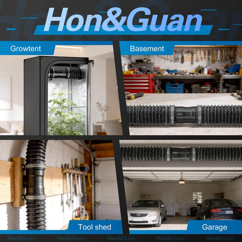 4 Inch Inline Booster Duct Fan With Speed Controller By Hon&Guan installed in grow tent, basement, tool shed, and garage settings.