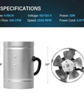 4 Inch Inline Booster Duct Fan 100 CFM Quiet High Performance HVAC Exhaust by iPower, side and front view with specifications