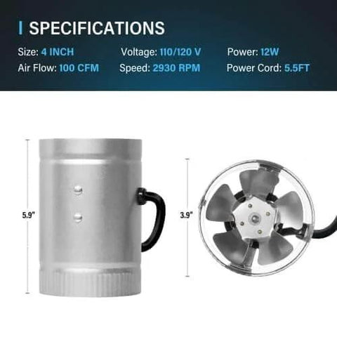 4 Inch Inline Booster Duct Fan 100 CFM Quiet High Performance HVAC Exhaust by iPower, side and front view with specifications