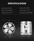 4 Inch Inline Duct Fan 100 CFM Quiet Exhaust For HVAC Systems with specifications and front view of compact duct fan.