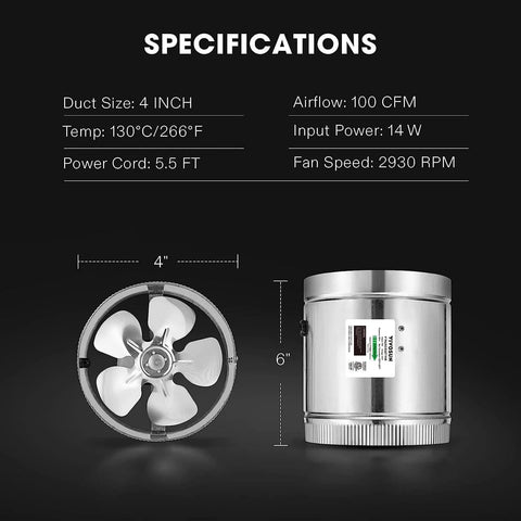 4 Inch Inline Duct Fan 100 CFM Quiet Exhaust For HVAC Systems with specifications and front view of compact duct fan.
