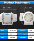 Image showing side view of 4 Inch Inline Duct Fan With 280 CFM Beast Mode Airflow for Quiet Low Noise Ventilation, with specs overlay.