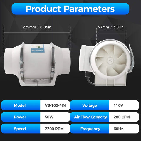 Image showing side view of 4 Inch Inline Duct Fan With 280 CFM Beast Mode Airflow for Quiet Low Noise Ventilation, with specs overlay.
