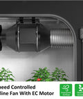 Ultra Quiet 4 Inch Inline Duct Fan With EC Motor Delivering 214 CFM At 30W And 27dB Noise, 10 Speed Controller in grow tent.