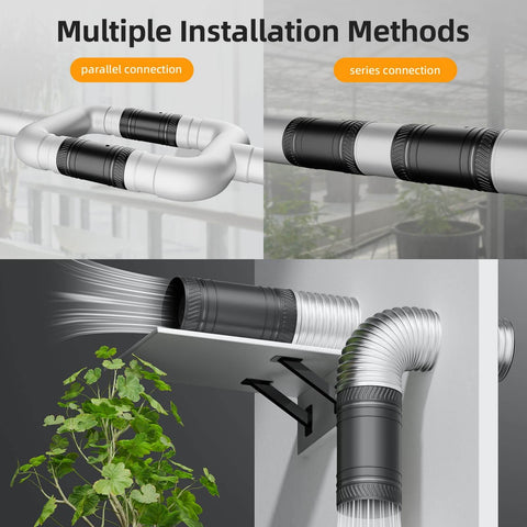 Ultra Quiet 4 Inch Inline Duct Fan With Stepless Speed Controller For Grow Tents Basements Bathrooms Workshops And Attics High Efficiency Exhaust Ventilation 183 CFM Low Noise ONVEAN showing multiple installation methods in parallel and series connections