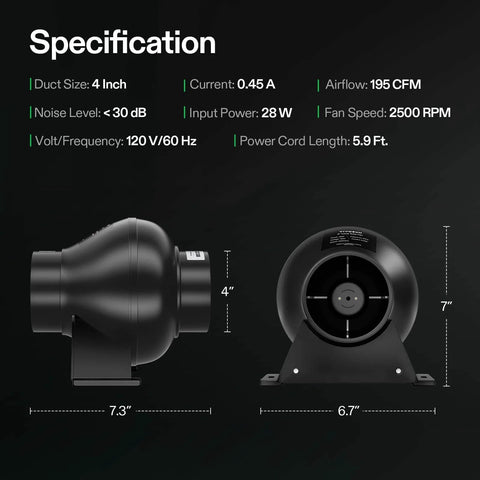 Specifications of 4 Inch Inline Duct Ventilation Fan D4 195 CFM For Grow Tents And Hydroponics HVAC Exhaust Booster For Attics Basements And Kitchens 2500 RPM Airflow