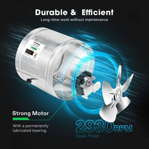 4 Inch Inline Duct Fan 100 CFM Quiet Exhaust For HVAC Systems with visible motor and bearings, 2930 RPM efficiency feature