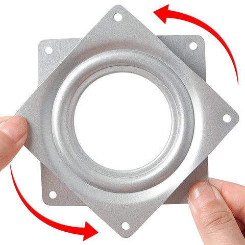 Hands holding 2 Pack 4 Inch Square Lazy Susan Turntable Bearings, Heavy Duty Steel Ball Bearing Rotating Trays with Low Profile Design, zinc plated.