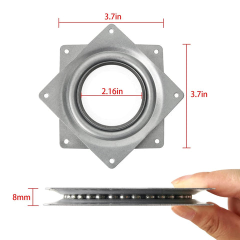 Front and side view of 2 Pack 4 Inch Square Lazy Susan Turntable Bearings, Heavy Duty Steel Ball Bearing Rotating Trays, Zinc Plated