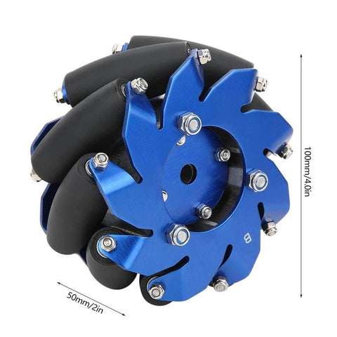 4 Inch Left Mecanum Wheel with aluminum body and TPU rubber rollers featuring 50mm wheel width 100mm diameter side view