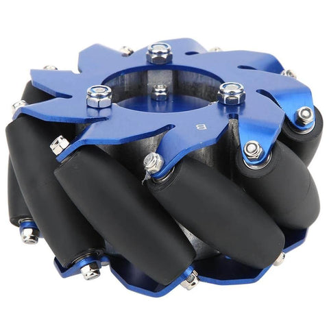 4 Inch Left Mecanum Wheel with aluminum body and TPU rubber rollers featuring 50mm wheel width 100mm diameter.