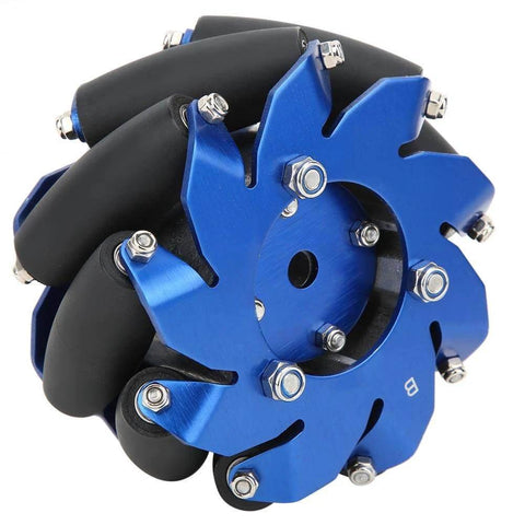 4 Inch Left Mecanum Wheel with aluminum body and TPU rubber rollers featuring 50mm wheel width 100mm diameter for industrial robots.