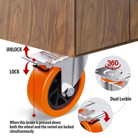 4 Inch Heavy Duty Caster Wheels Set Of 4 No Noise Polyurethane Casters with dual locking mechanism installed on furniture