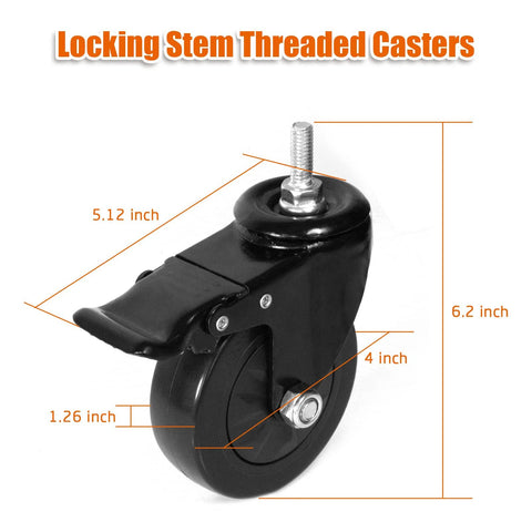 Caster Wheels 4 Inch Locking Stem Casters Swivel Stem Casters For Original Large Green Egg Rolling Cart Quiet Noiseless Threaded Stem Castors Set Of 4 Heavy Duty Black Ideal For Heavy Carts And Workspaces.