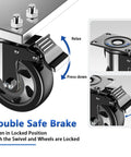 Heavy Duty 4 Inch Caster Wheels Set Of 4 With Brakes And Locking Swivel Plate Industrial Castors shown with close-up of brake lock mechanism and swivel plate.