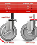Heavy Duty 4 Inch Caster Wheels With Brakes Set Of 4, 3/8-16 Threaded Stem 1 Inch Long, TPR Soft Quiet Swivel Casters For Carts